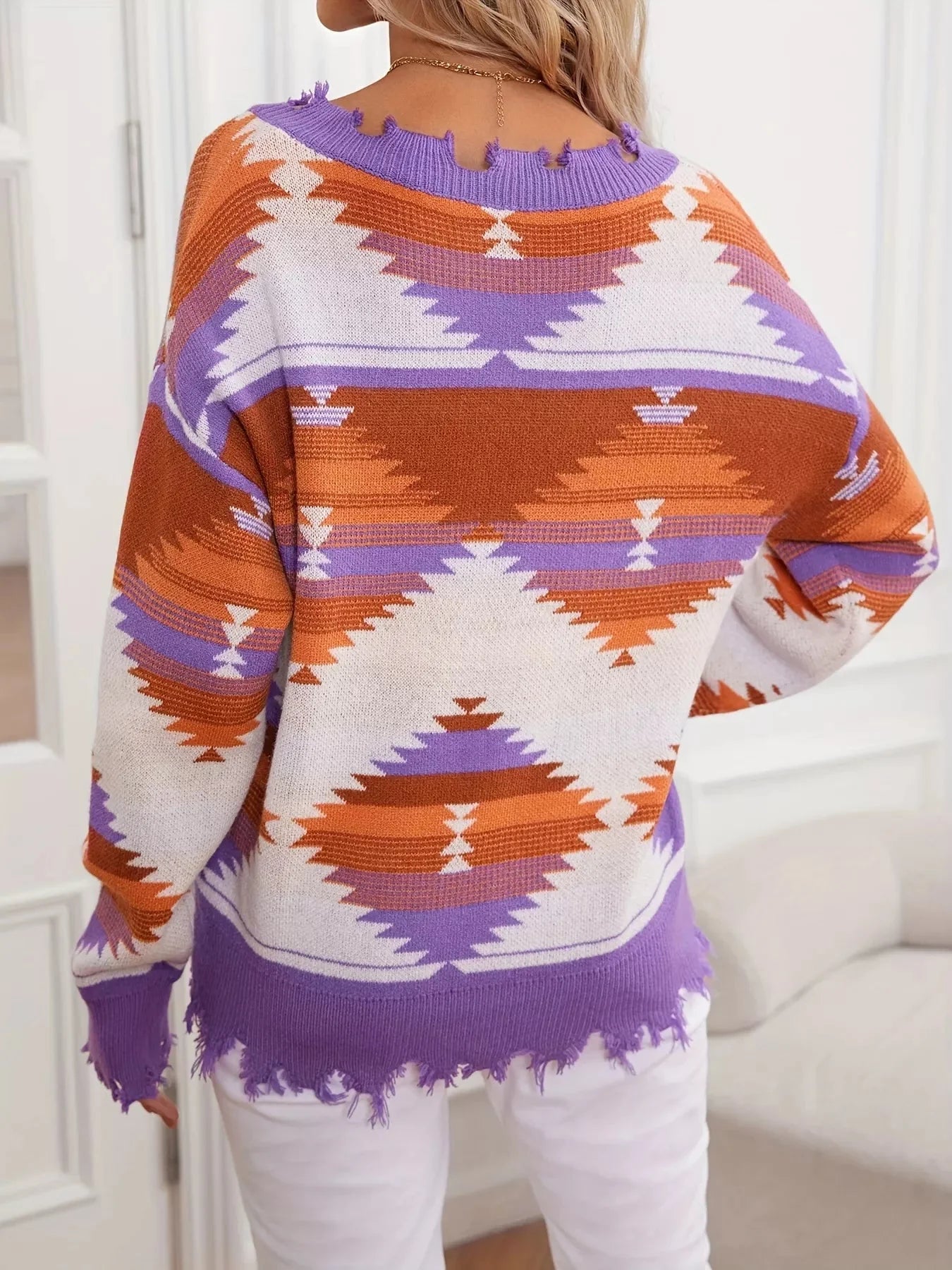 Heidi Frayed Hem V-Neck Long Sleeve Sweater