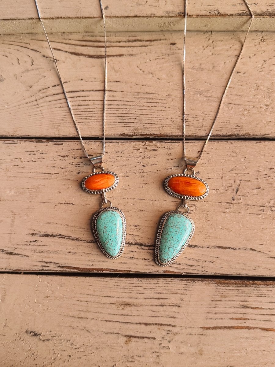 Henderson Orange Spiny Oyster + Turquoise 2 Stone Necklace