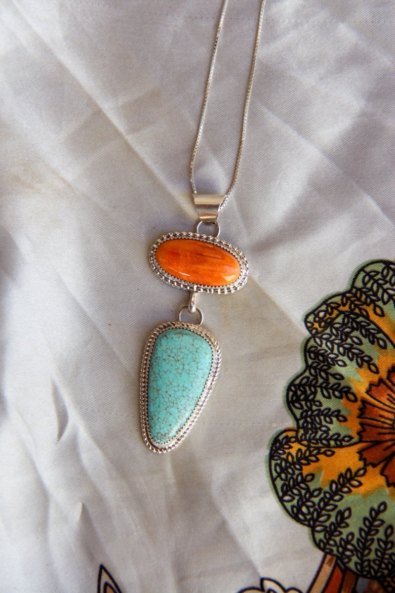 Henderson Orange Spiny Oyster + Turquoise 2 Stone Necklace