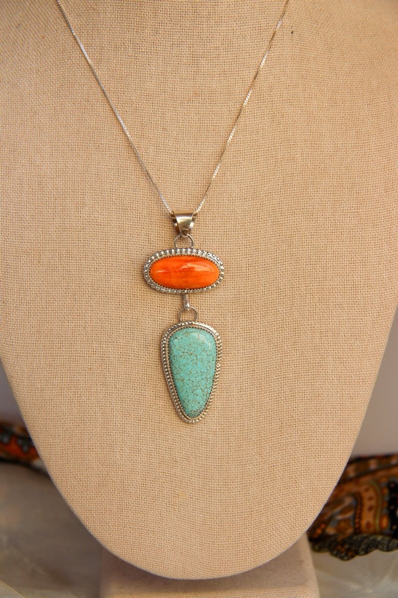 Henderson Orange Spiny Oyster + Turquoise 2 Stone Necklace