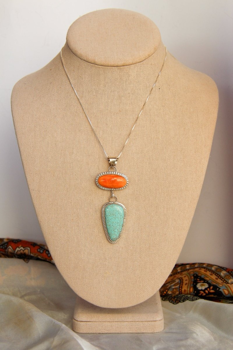 Henderson Orange Spiny Oyster + Turquoise 2 Stone Necklace