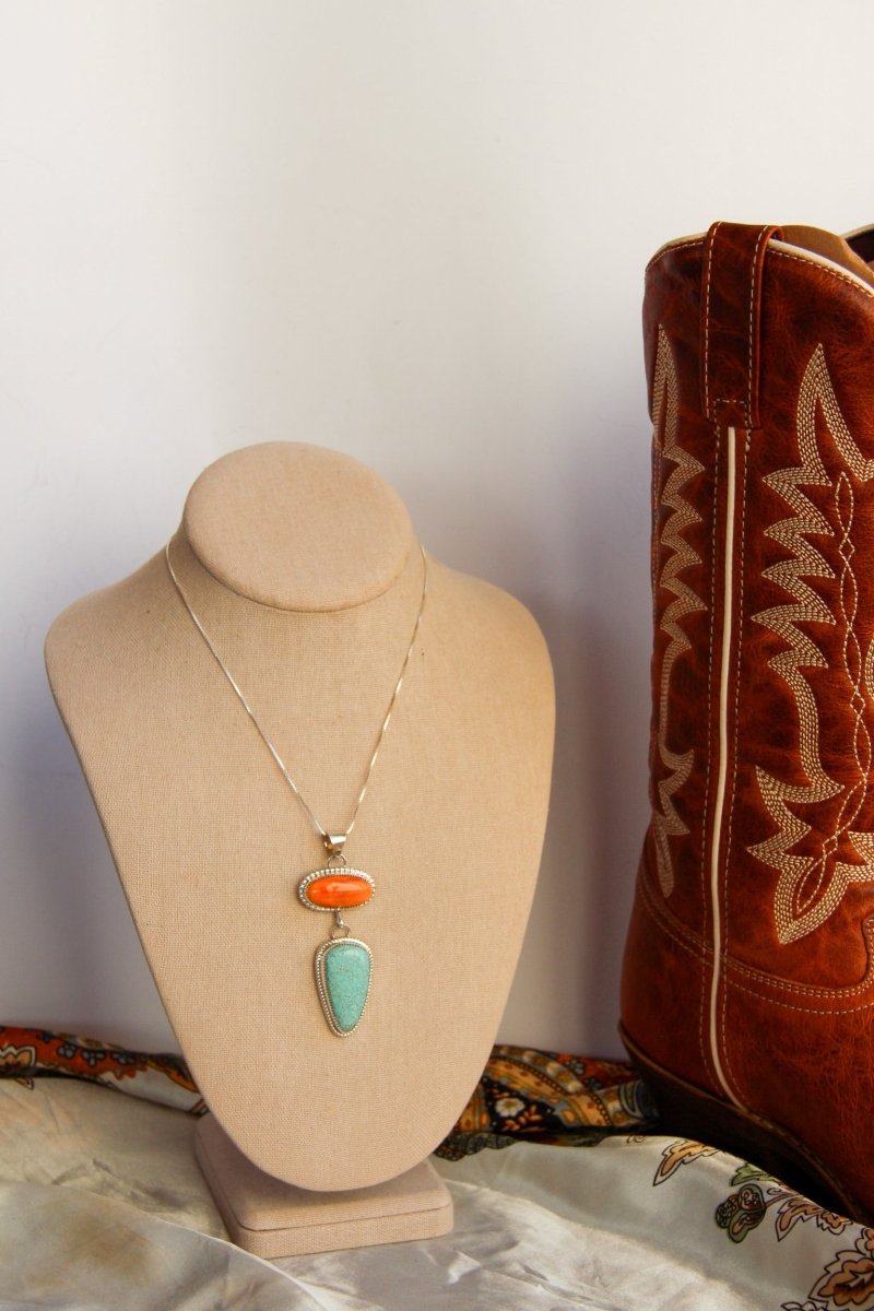 Henderson Orange Spiny Oyster + Turquoise 2 Stone Necklace