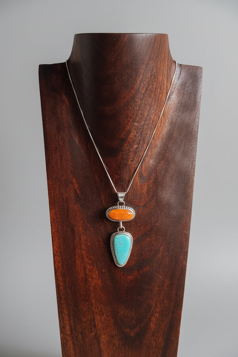Henderson Orange Spiny Oyster + Turquoise 2 Stone Necklace