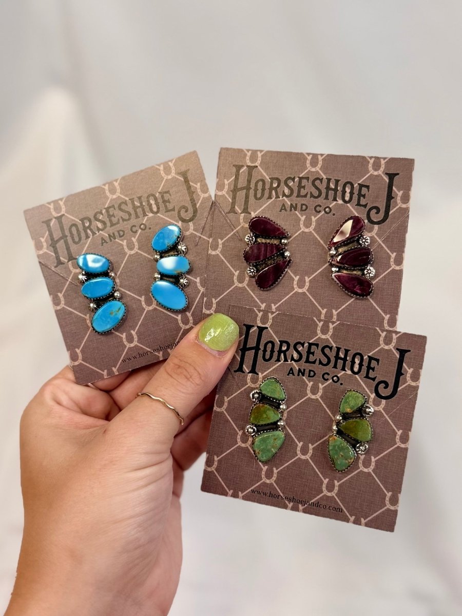 Henry 3 Stone Turquoise/Purple Spiny Oyster Earrings