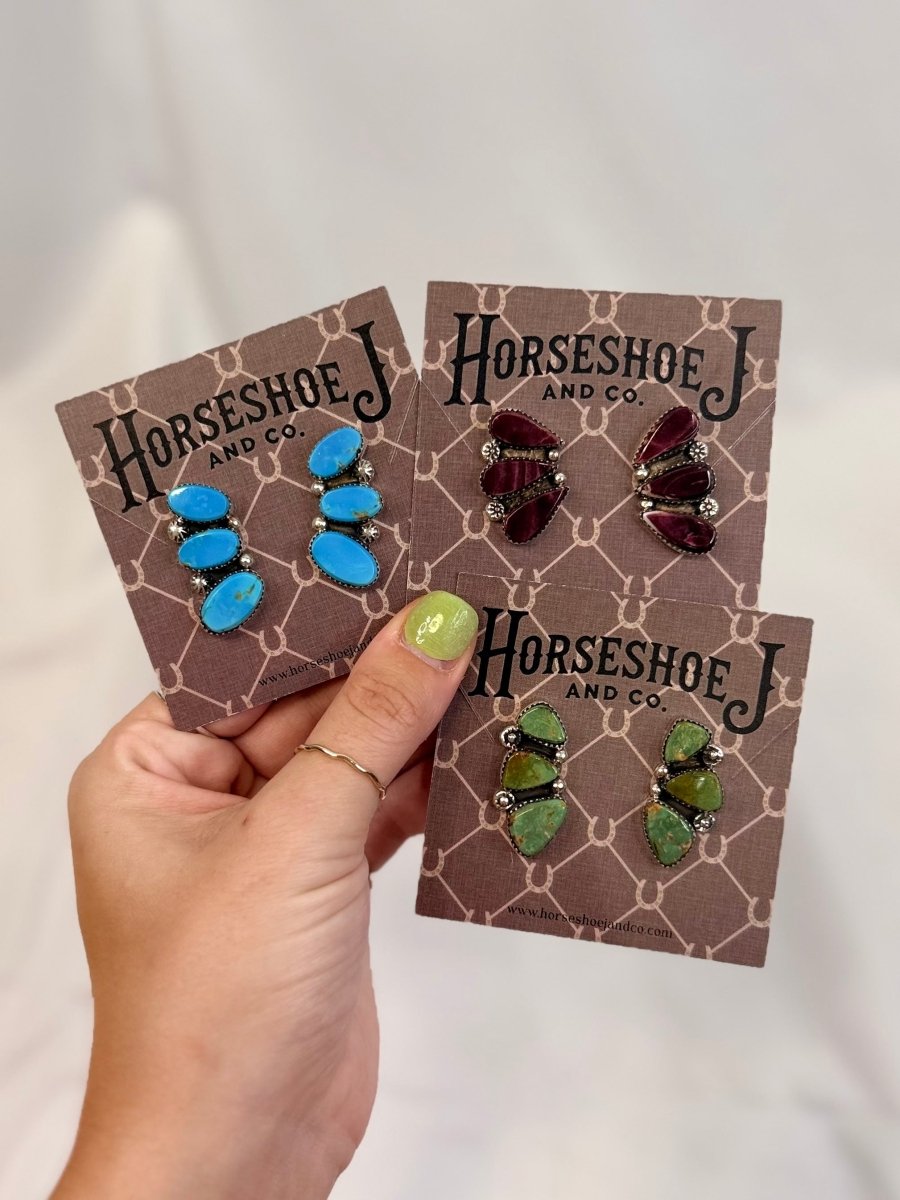 Henry 3 Stone Turquoise/Purple Spiny Oyster Earrings