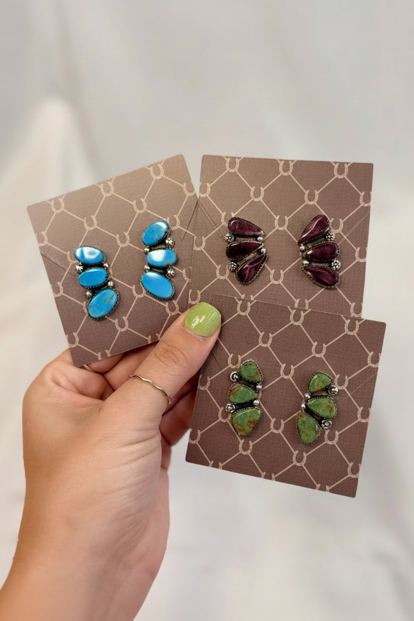 Henry 3 Stone Turquoise/Purple Spiny Oyster Earrings