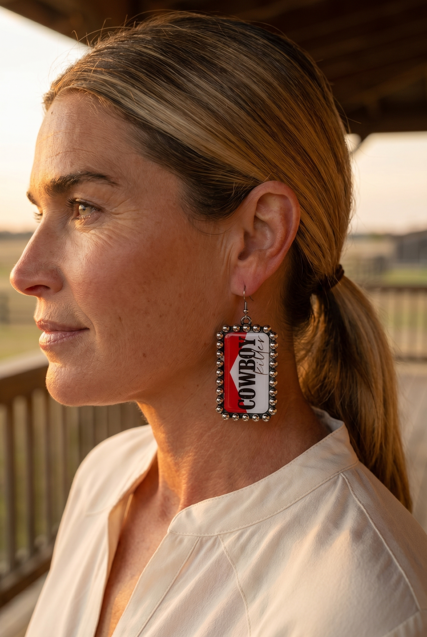 Western Cowboy Killer Rectangle Earrings — Red & White Western Statement