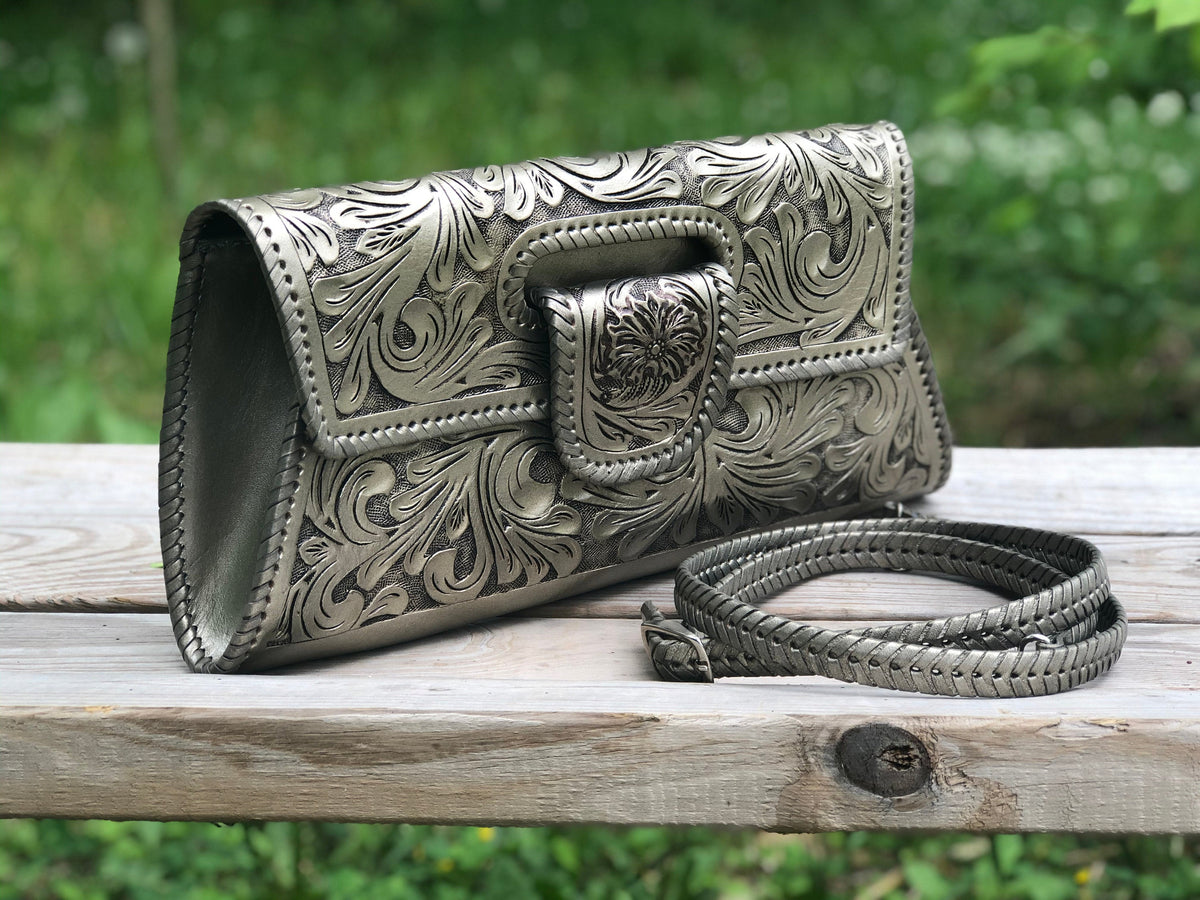 Hand-Tooled Leather Large Crossbody Clutch "LENGUETA" by ALLE