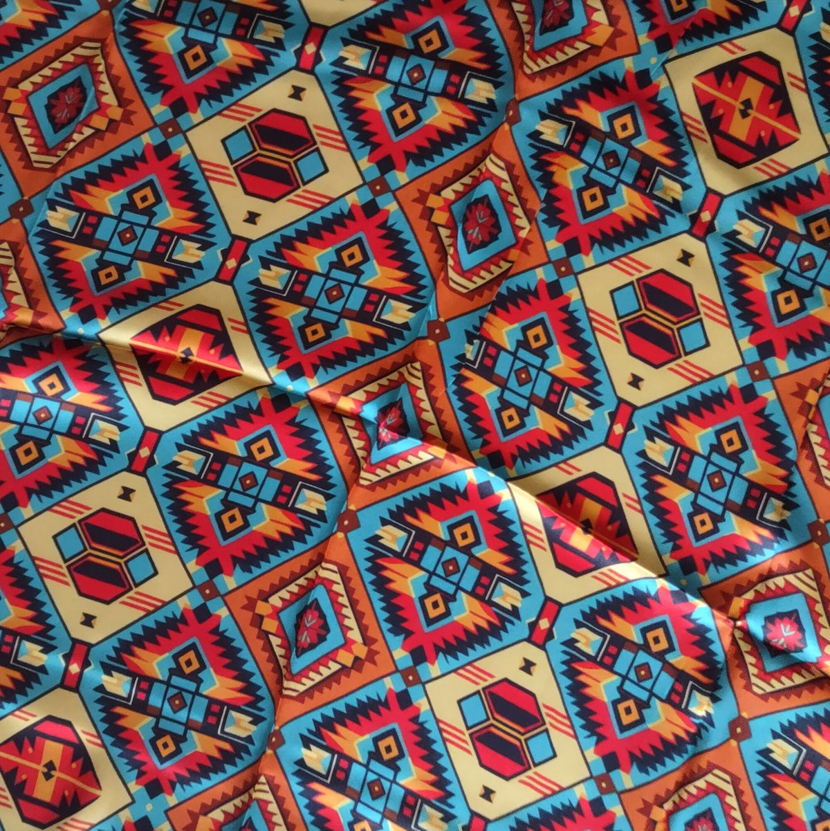 Silk Wild Rag Red, Yellow, Blue Aztec by Double B Wild Rags