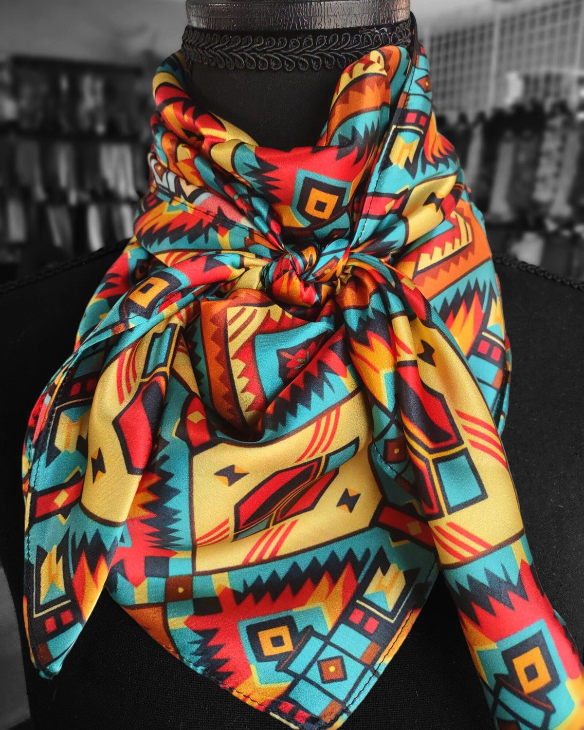 Silk Wild Rag Red, Yellow, Blue Aztec by Double B Wild Rags
