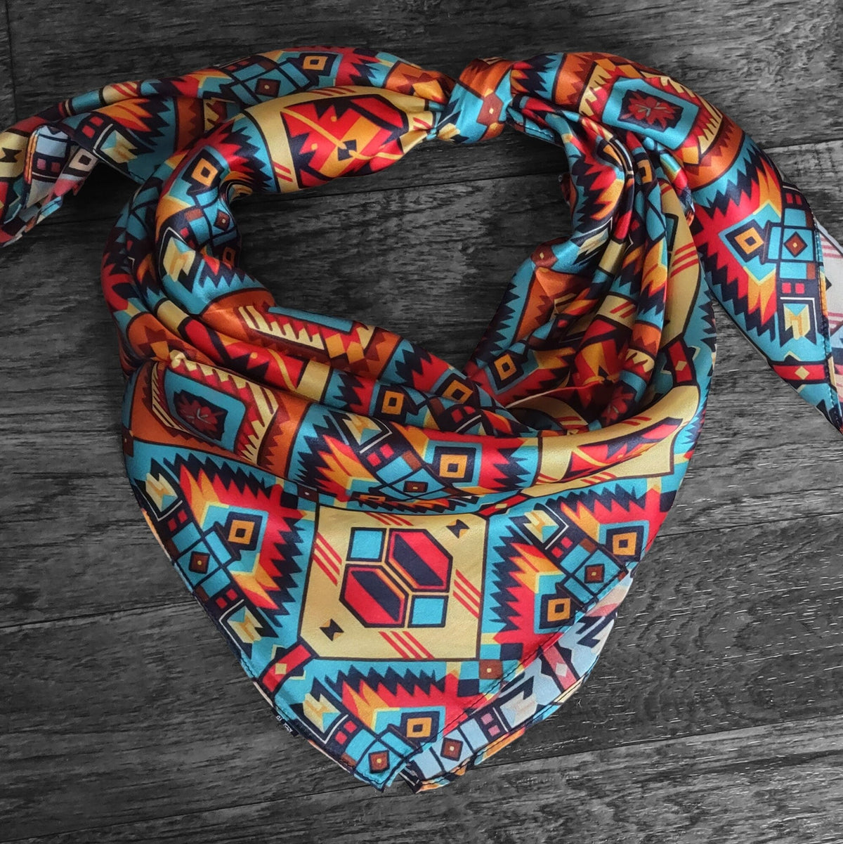 Silk Wild Rag Red, Yellow, Blue Aztec by Double B Wild Rags