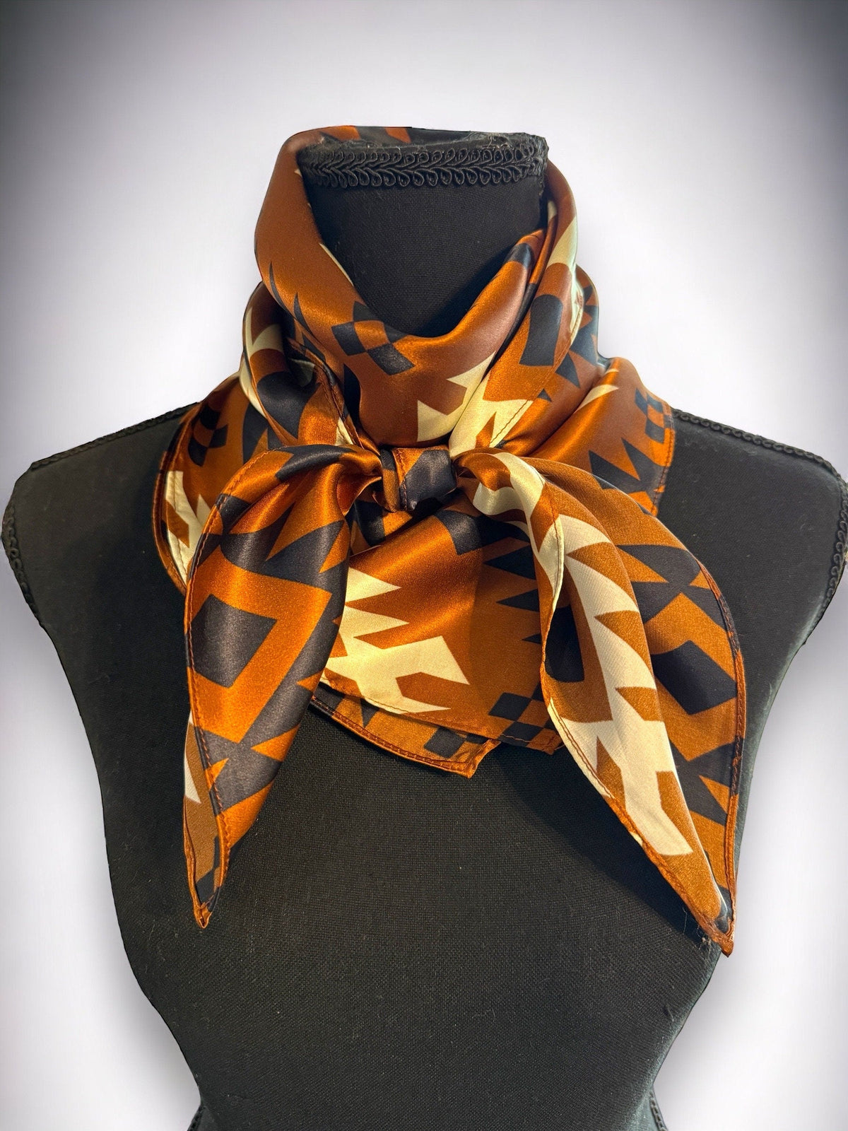 100% Silk Wild Rag Cognac Rust Brown Black Ivory Tribal Native pattern by Double B Wild Rags