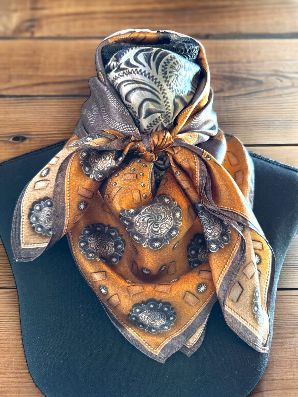 100% Silk Wild Rag Charcoal Brown suede leather and conchos with boot stitch accents by Double B Wild Rags