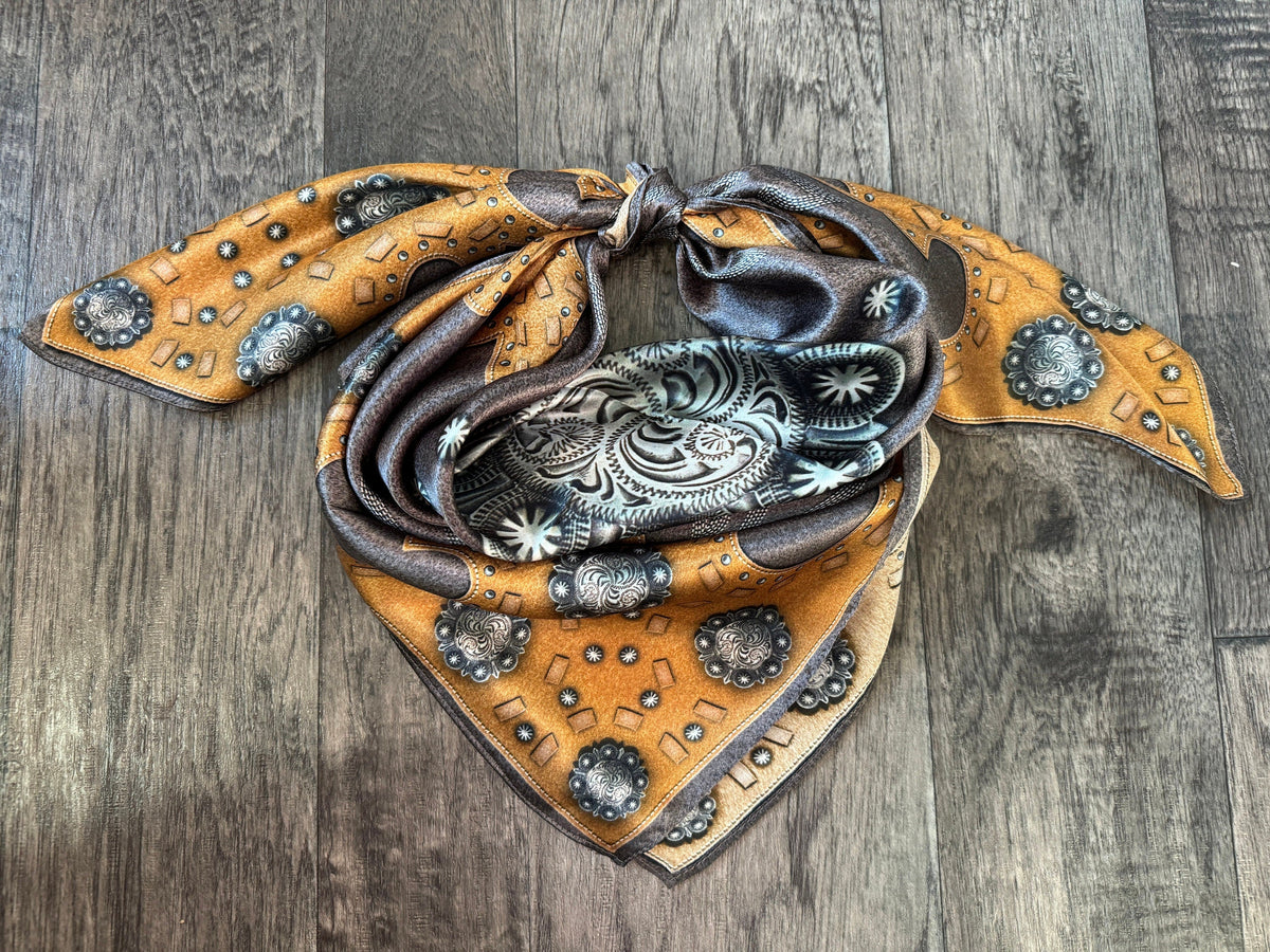 100% Silk Wild Rag Charcoal Brown suede leather and conchos with boot stitch accents by Double B Wild Rags