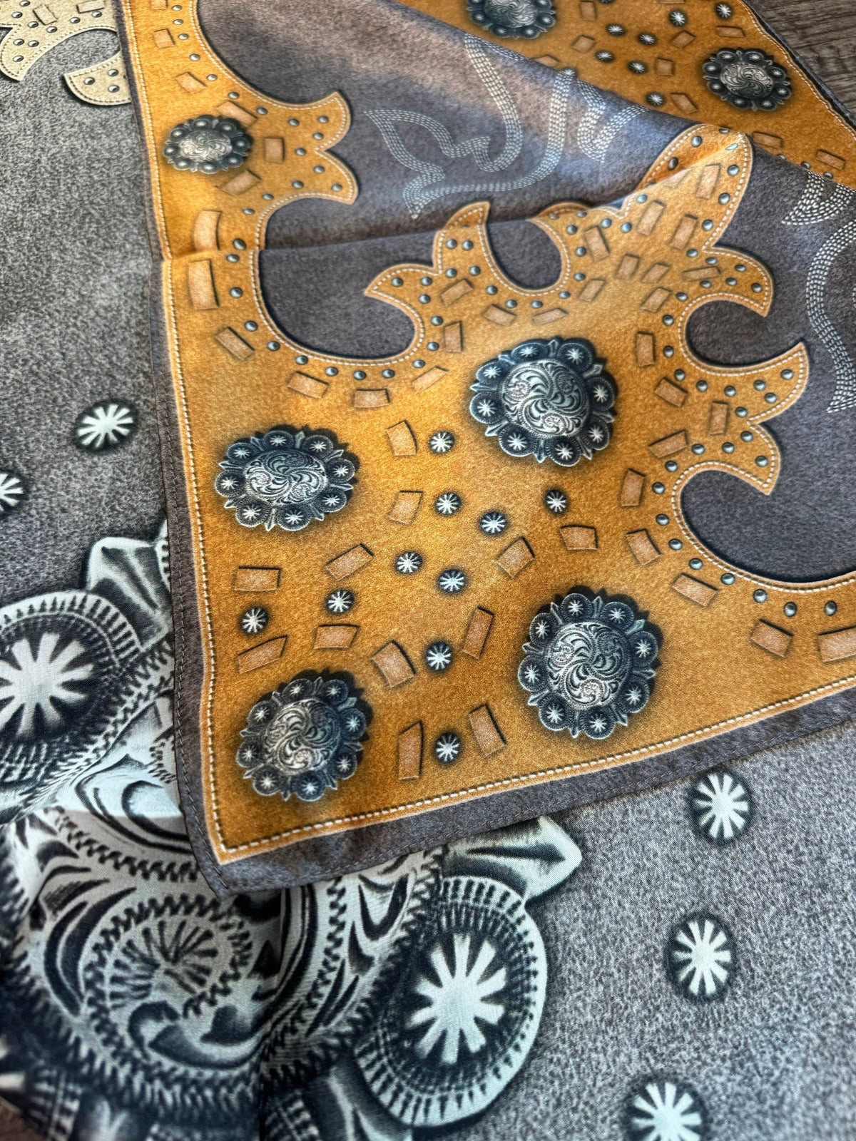 100% Silk Wild Rag Charcoal Brown suede leather and conchos with boot stitch accents by Double B Wild Rags