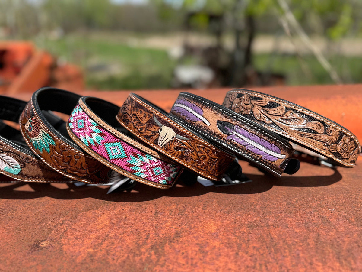 Western leather dog collar tooled or beaded details skull sunflower feather rhinestone by Double B Wild Rags