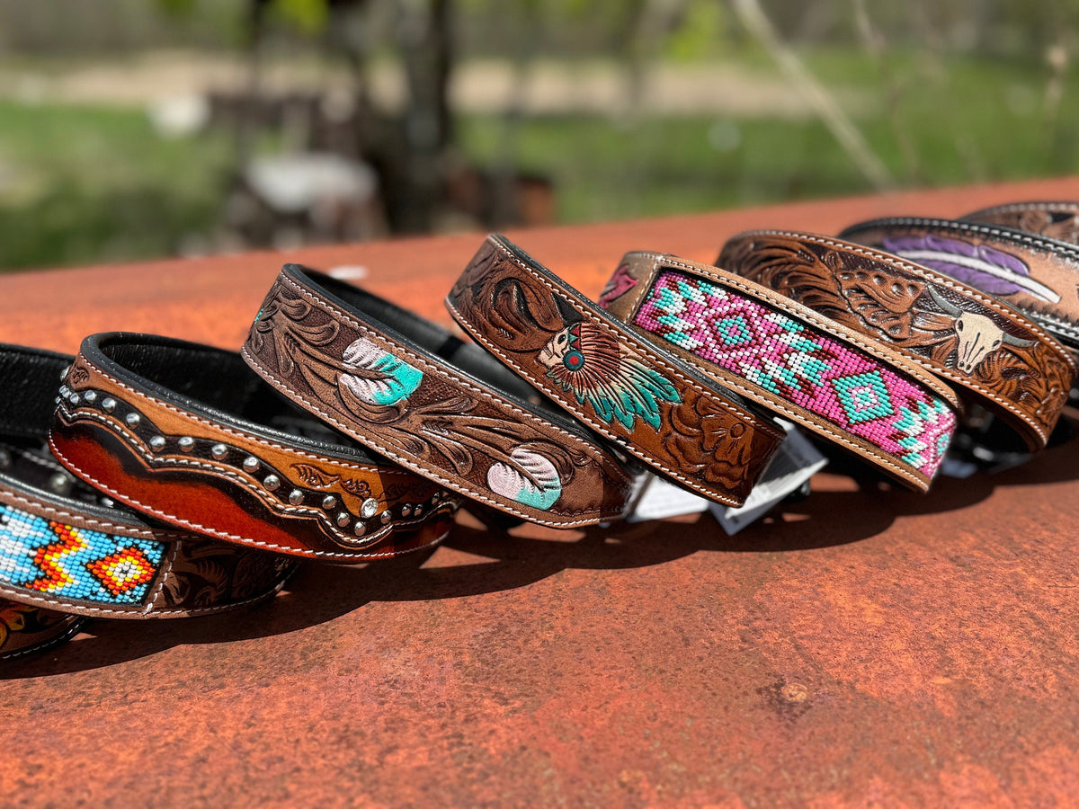 Western leather dog collar tooled or beaded details skull sunflower feather rhinestone by Double B Wild Rags