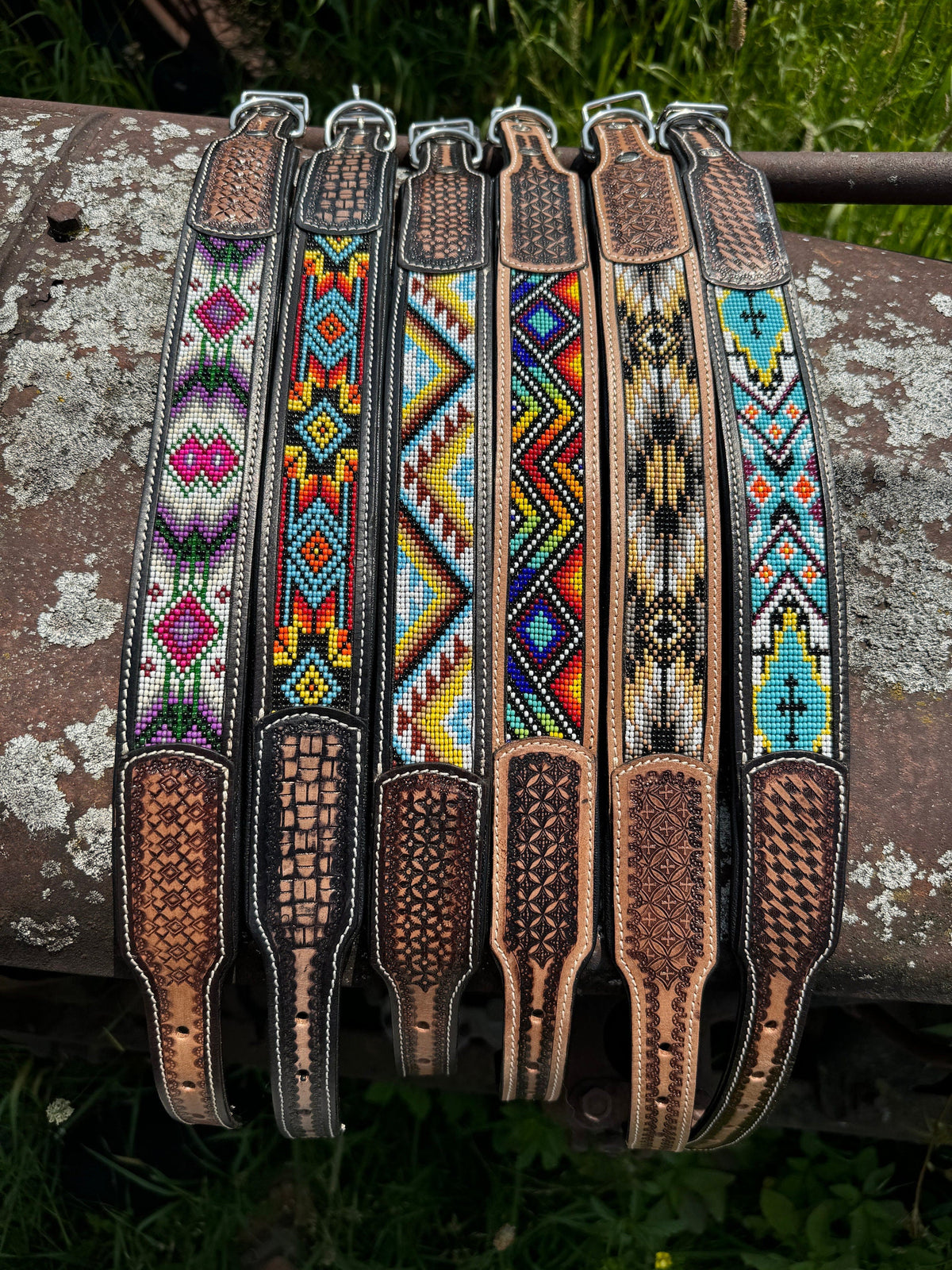 Western leather dog collar tooled and seed bead details by Double B Wild Rags