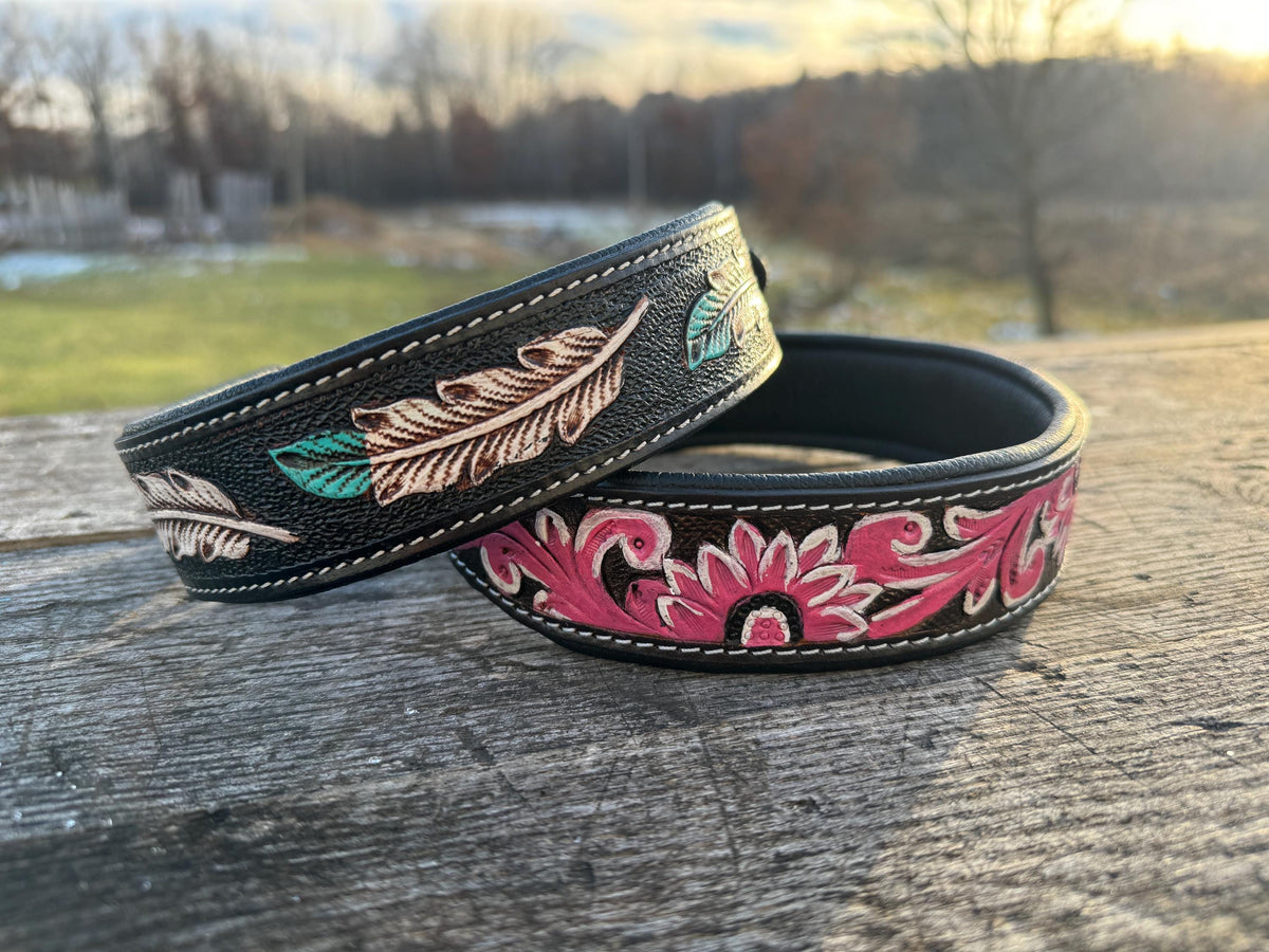 Western leather dog collar tooled Turquoise Feather or Pink Floral details by Double B Wild Rags