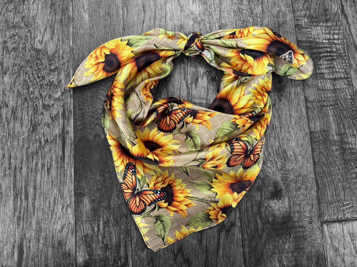 100% Silk Wild Rag Butterflies Sunflowers and Burlap by Double B Wild Rags