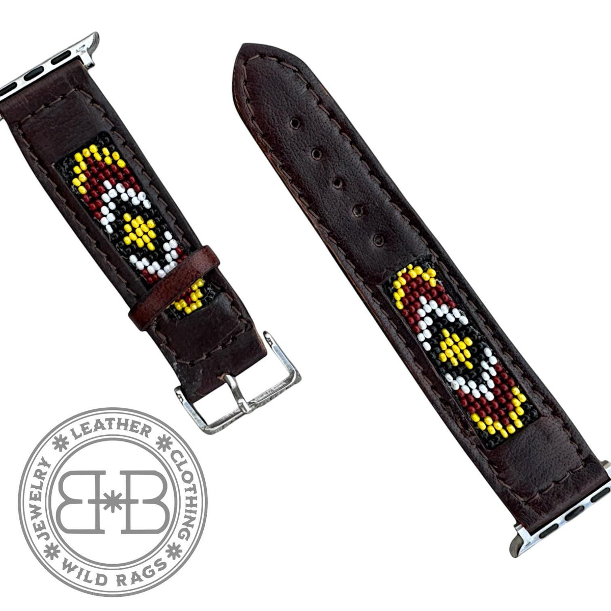 Western Native Seed Bead Leather Apple Watch Band by Double B Wild Rags Fits 42mm 44mm 45mm