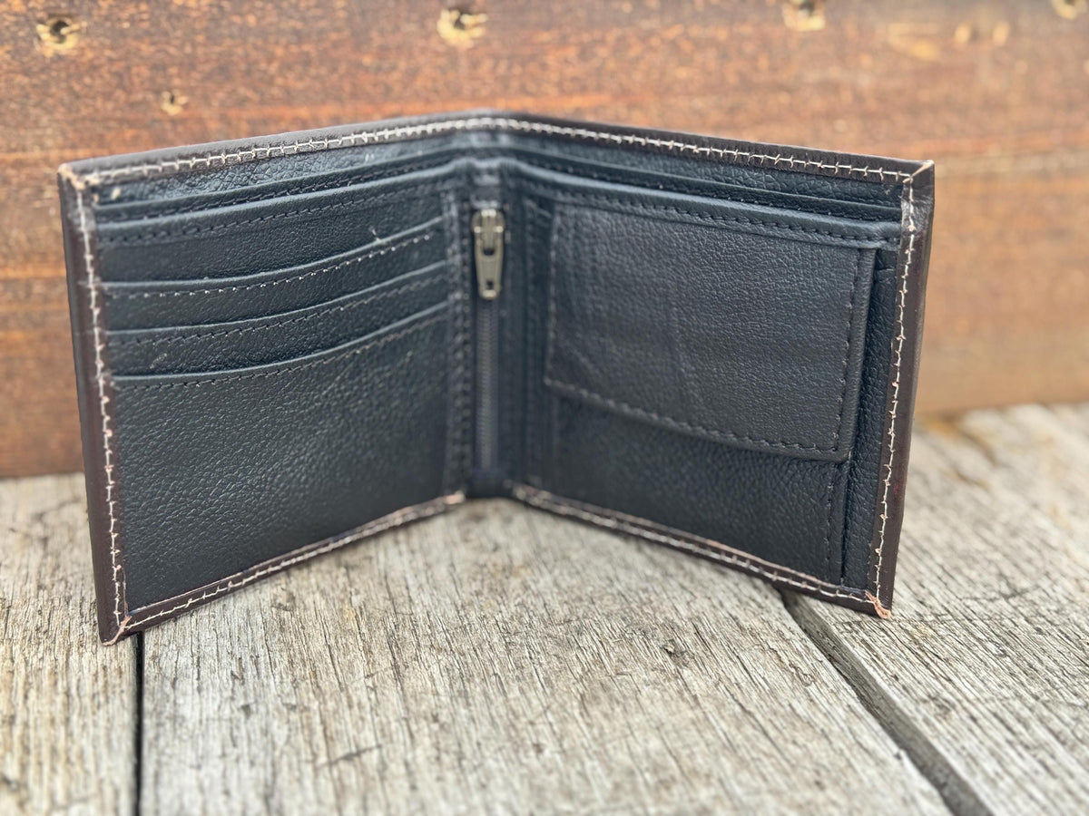 Men’s Western bi-fold wallet tooled floral Cow Skull Aces Cards details by Double B Wild Rags