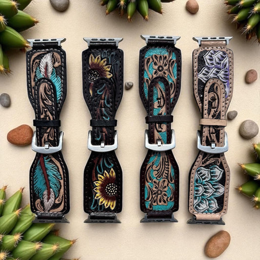 Western Tooled Leather Floral Watch Band by Double B Wild Rags Fits 42mm 44mm 45mm