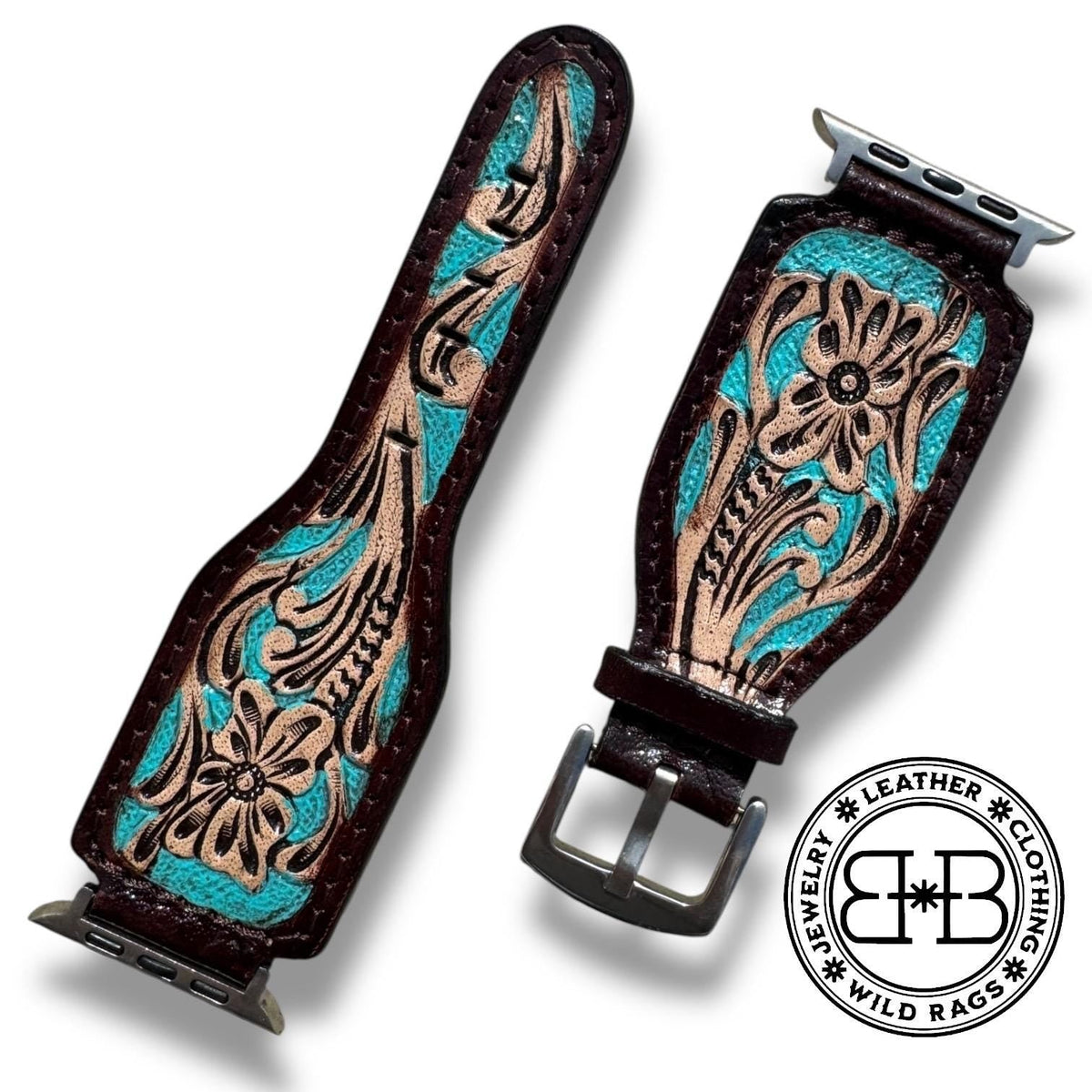 Western Tooled Leather Floral Watch Band by Double B Wild Rags Fits 42mm 44mm 45mm