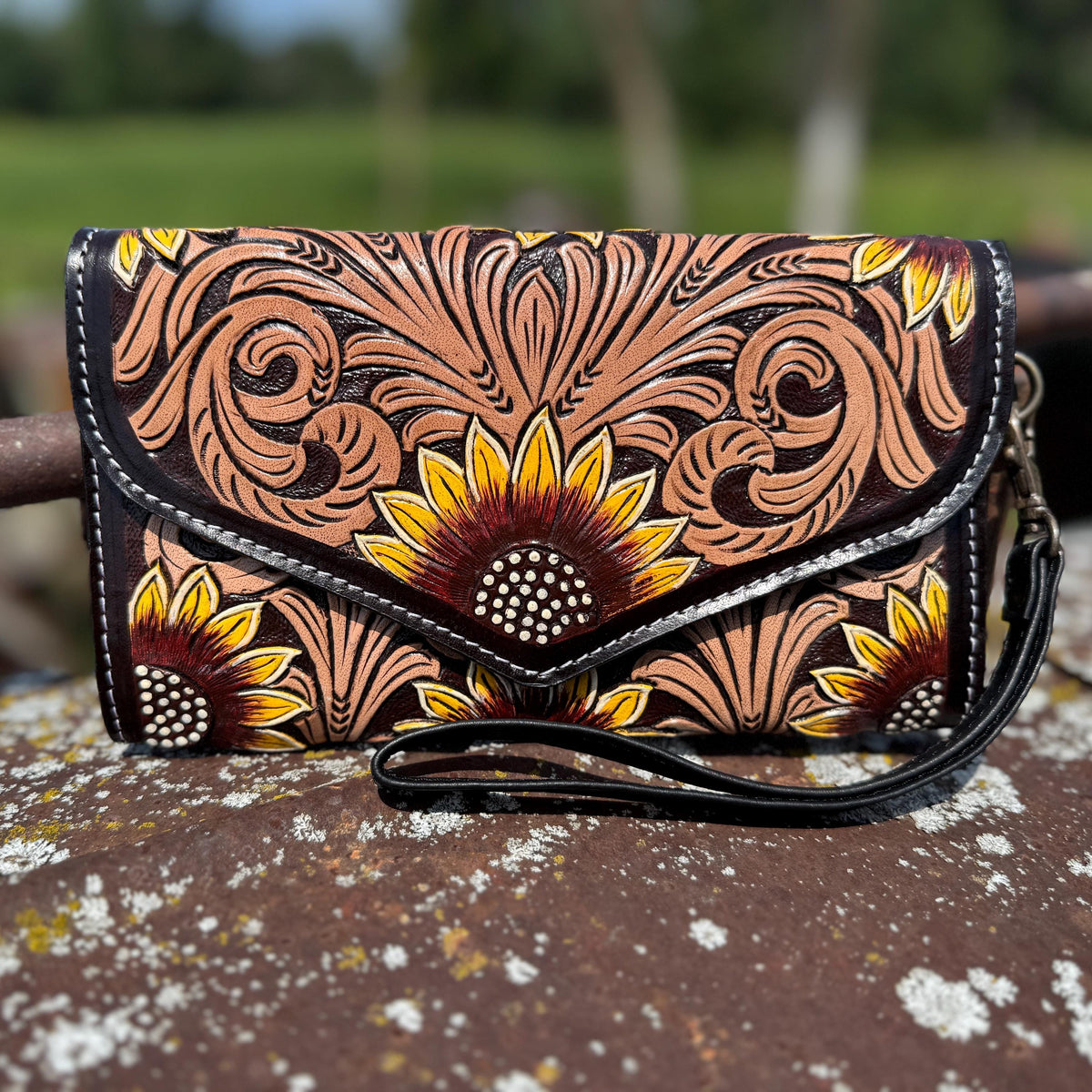 Genuine Western Cowhide Leather Purse and Clutch with Dark Sunflower painted details a Double B Wild Rags Exclusive