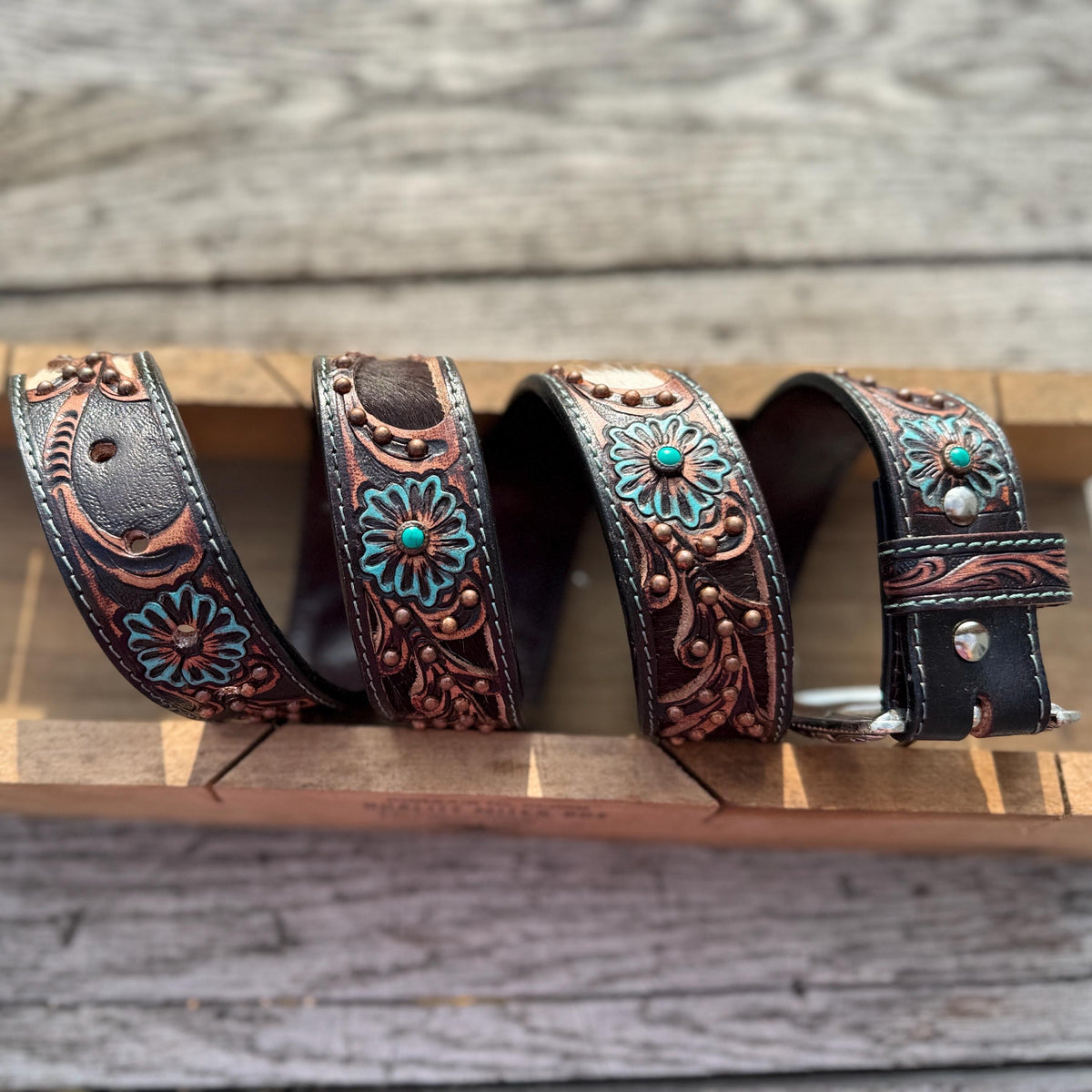Genuine Leather Western Belt with cutout floral details by Double B Wild Rags