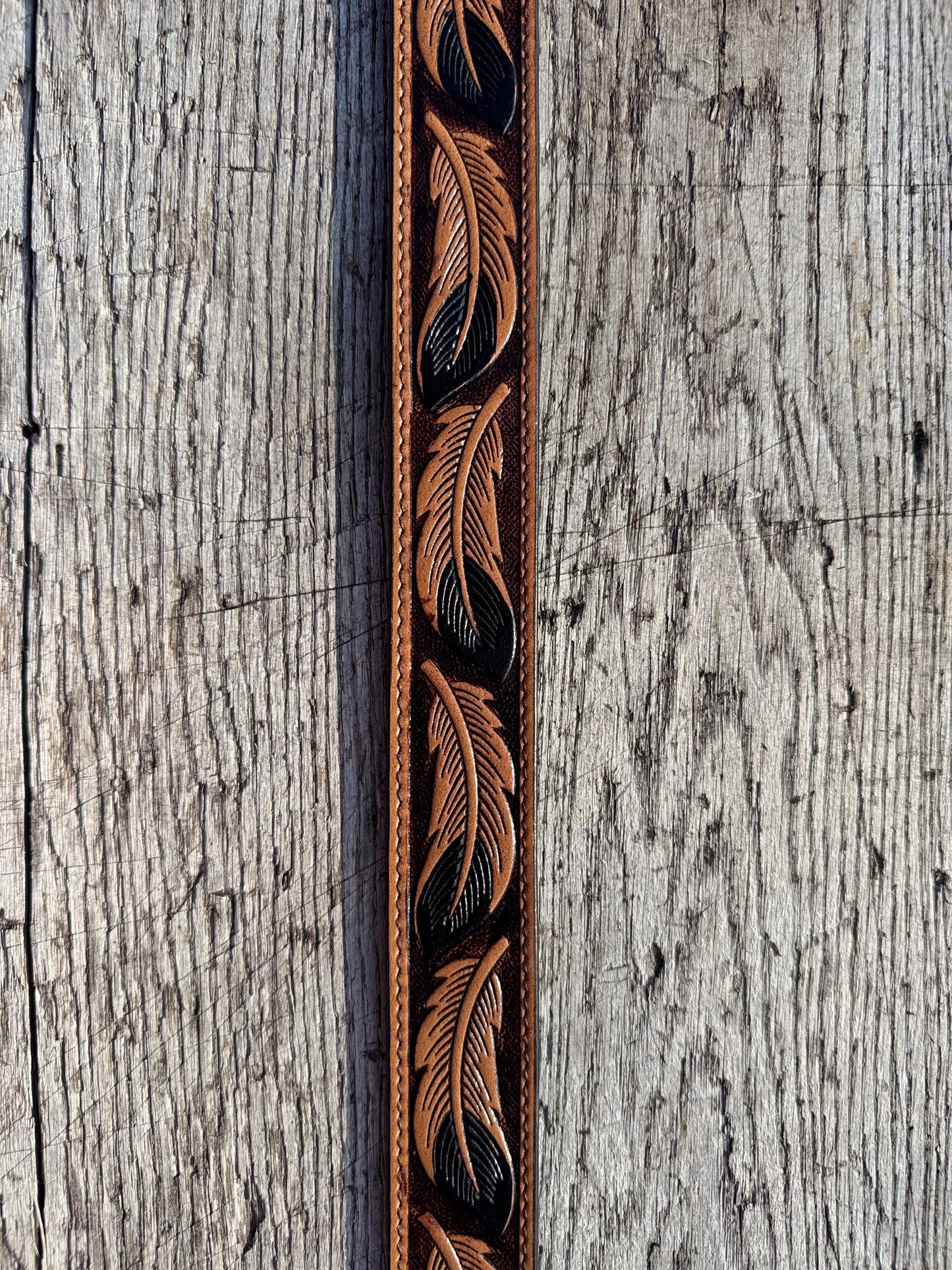 Genuine Leather Western Belt with tooled Black Feather Details by Double B Wild Rags
