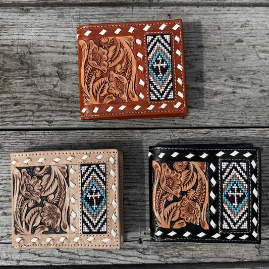 Men’s Western bi-fold wallet tooled, seed bead, and buckstitch details by Double B Wild Rags