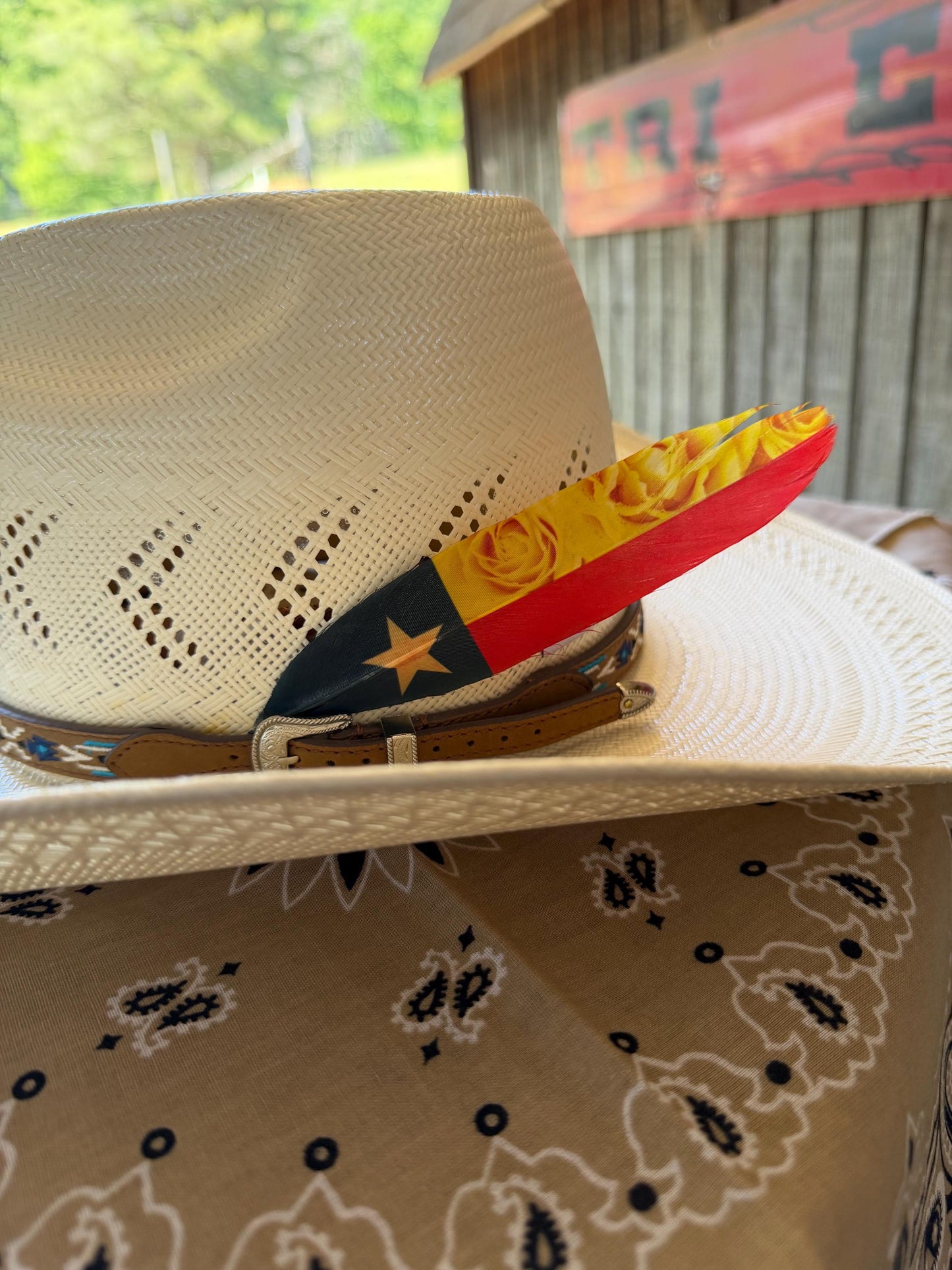 Texas Flag & Yellow Rose Western Hat Feather