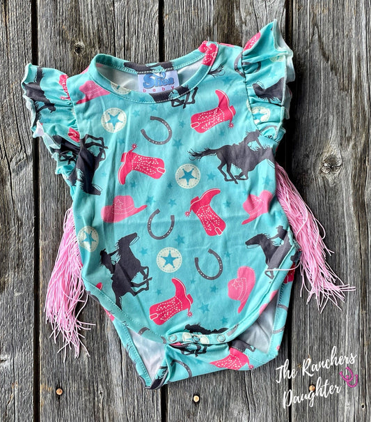 Shea Baby Short Sleeve Turquoise Cowgirl Fringe Onesie