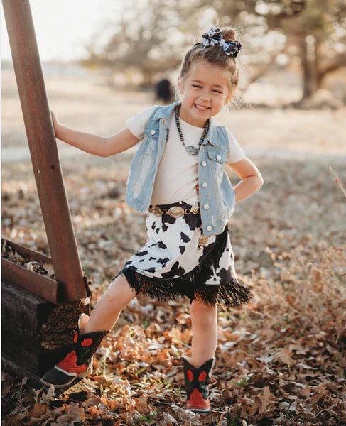 Shea Baby Cowprint Fringe Skirt