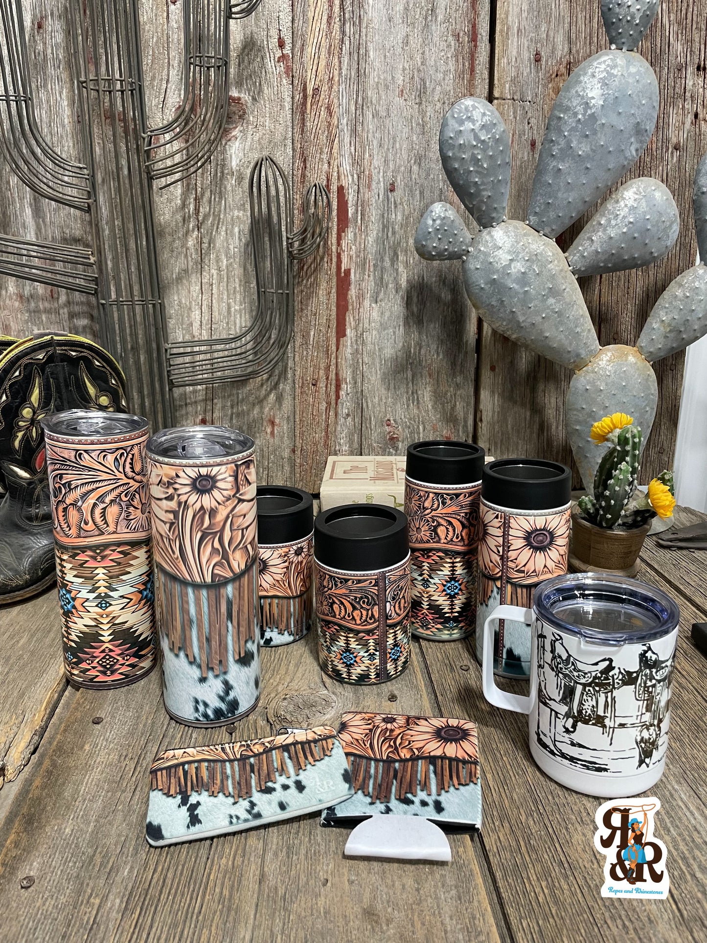 Tooled Leather & Aztec Skinny Can Cooler