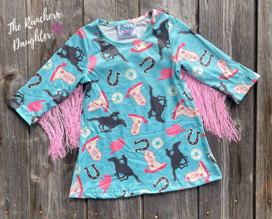 Shea Baby Long Sleeve Turquoise Cowgirl Fringe Dress