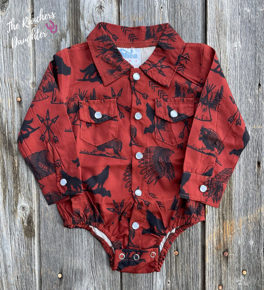 Shea Baby Rust Indian Pearl Snap Onesie
