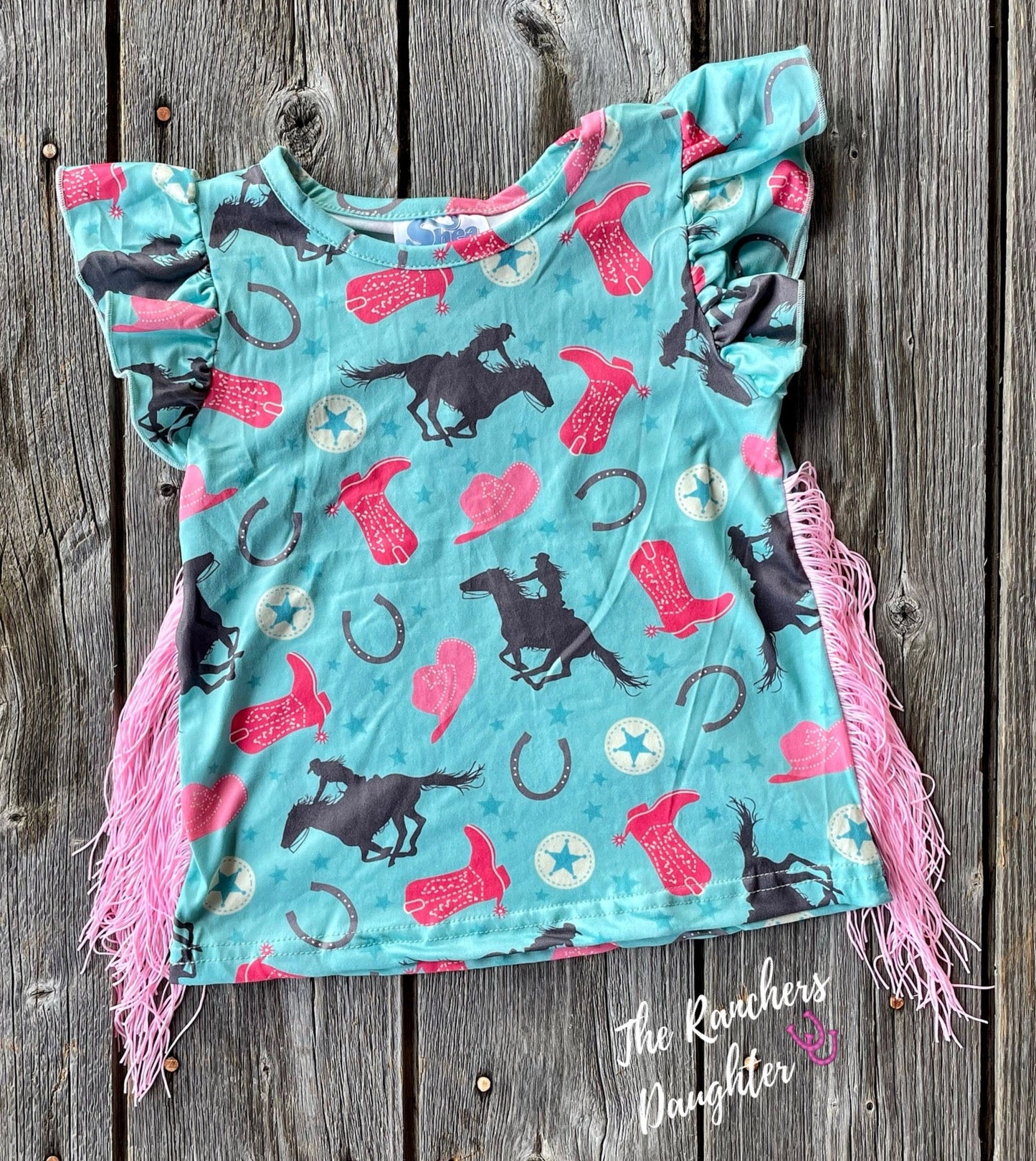 Shea Baby Short Sleeve Turquoise Cowgirl Fringe Top