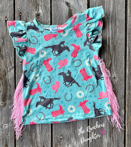 Shea Baby Short Sleeve Turquoise Cowgirl Fringe Top