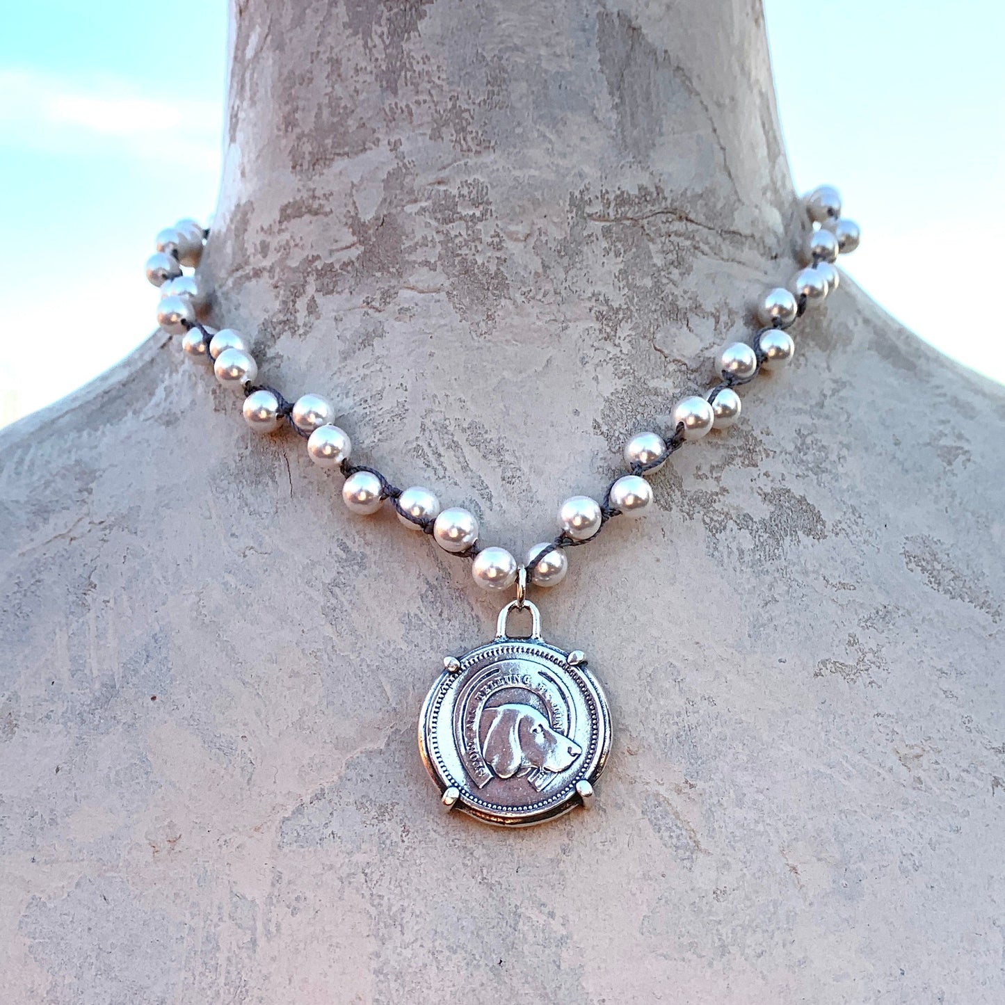 Hound Medal on Pearls Necklace
