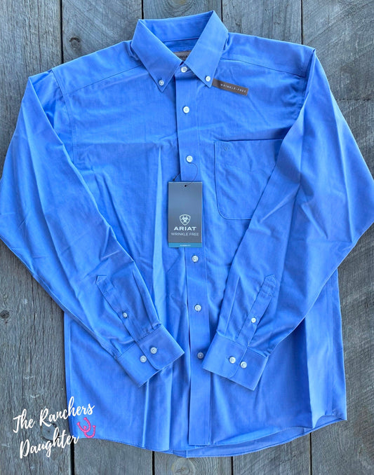 Ariat Men's Blue Wrinkle Free Solid Pinpoint Oxford Classic Fit Shirt