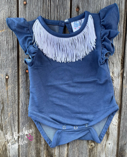 Shea Baby Blue Short Sleeve Fringe Onesie