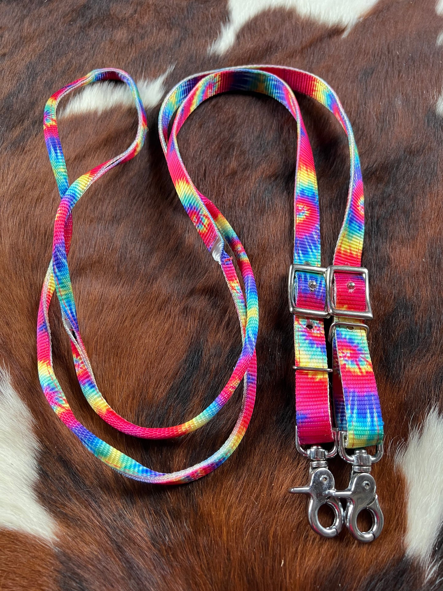 3/4" x 8ft Tye Dye nylon contest rein with scissor snap end