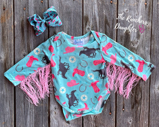 Shea Baby Longsleeve Turquoise Cowgirl Onesie