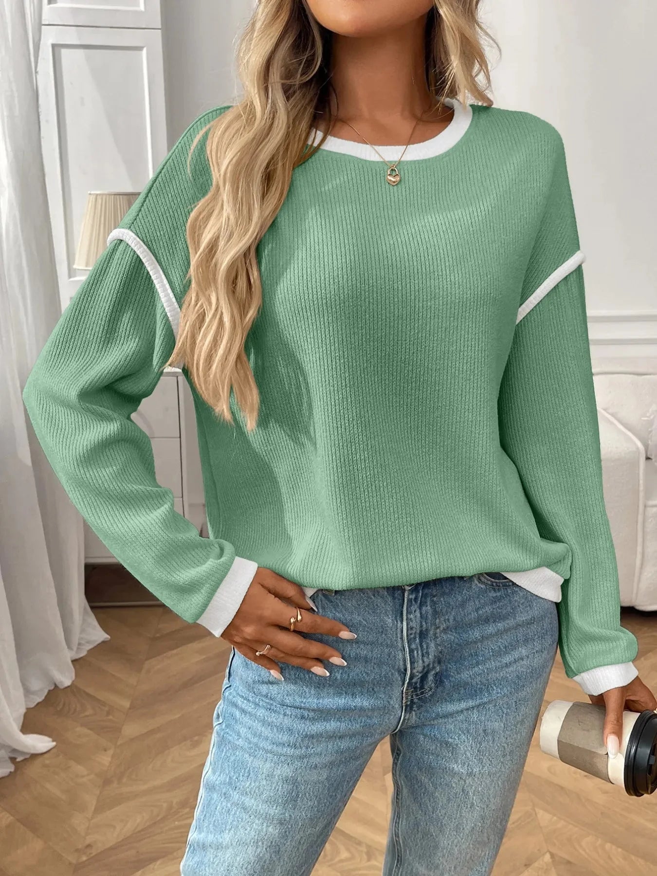 Jessica Ribbed Contrast Trim Long Sleeve Top