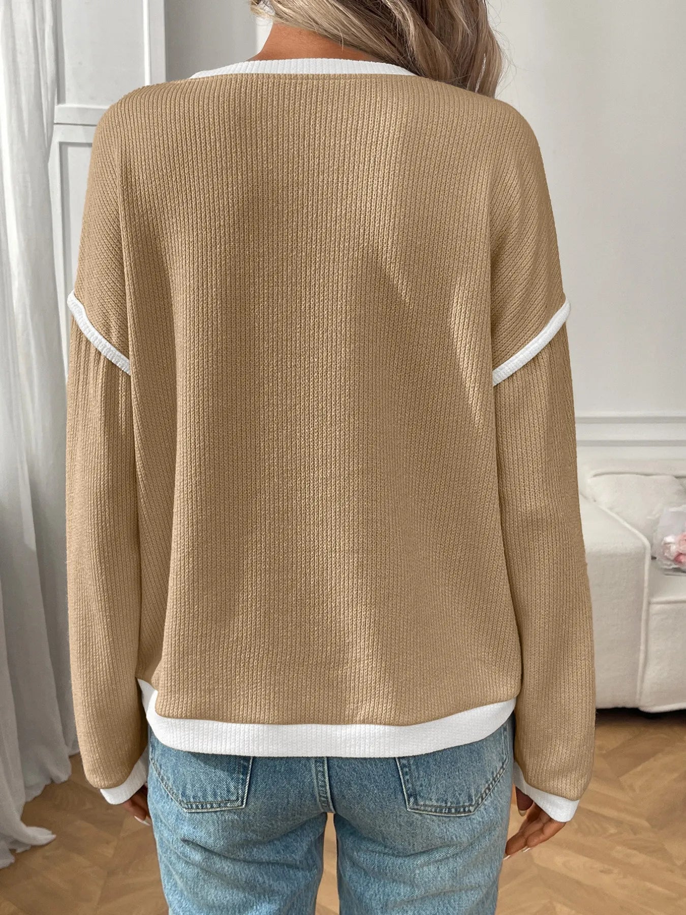 Jessica Ribbed Contrast Trim Long Sleeve Top