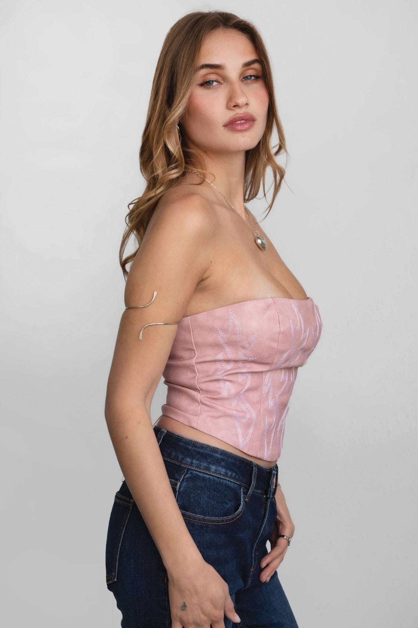 TICTOC "Jolene" Embroidered Western Corset Top — PU Vegan Leather Bandeau with Lace-Up Back (4 Colors)