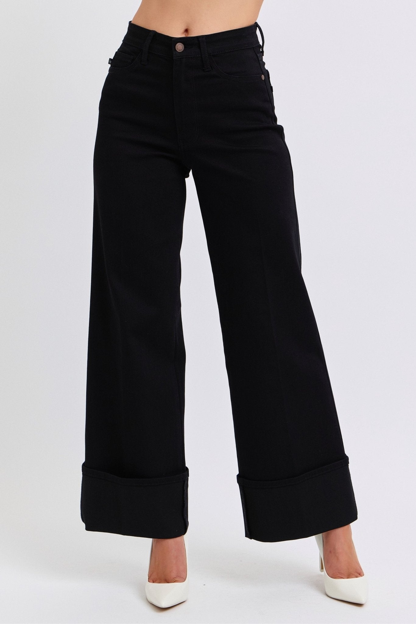 Judy Blue Black Retro Wide Cuffed-Leg Western Jean — Sleek Dark Denim, Ultra Stretch, Cuffed or Uncuffed (size 5 remains)