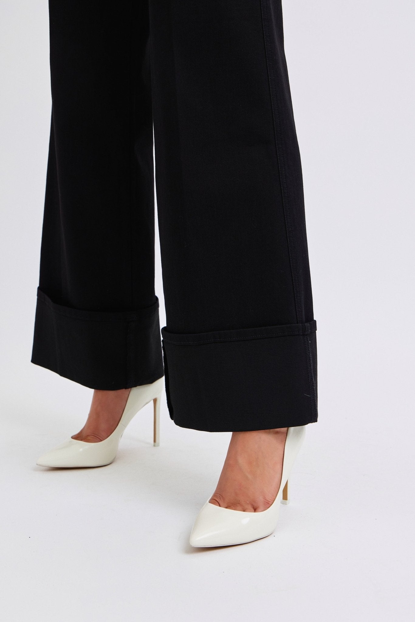 Judy Blue Black Retro Wide Cuffed-Leg Western Jean — Sleek Dark Denim, Ultra Stretch, Cuffed or Uncuffed (size 5 remains)
